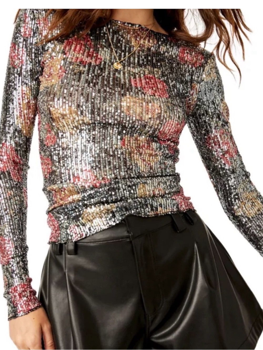 Free People Gold Rush Pink Sequin Long Sleeve Top Midnight Combo small